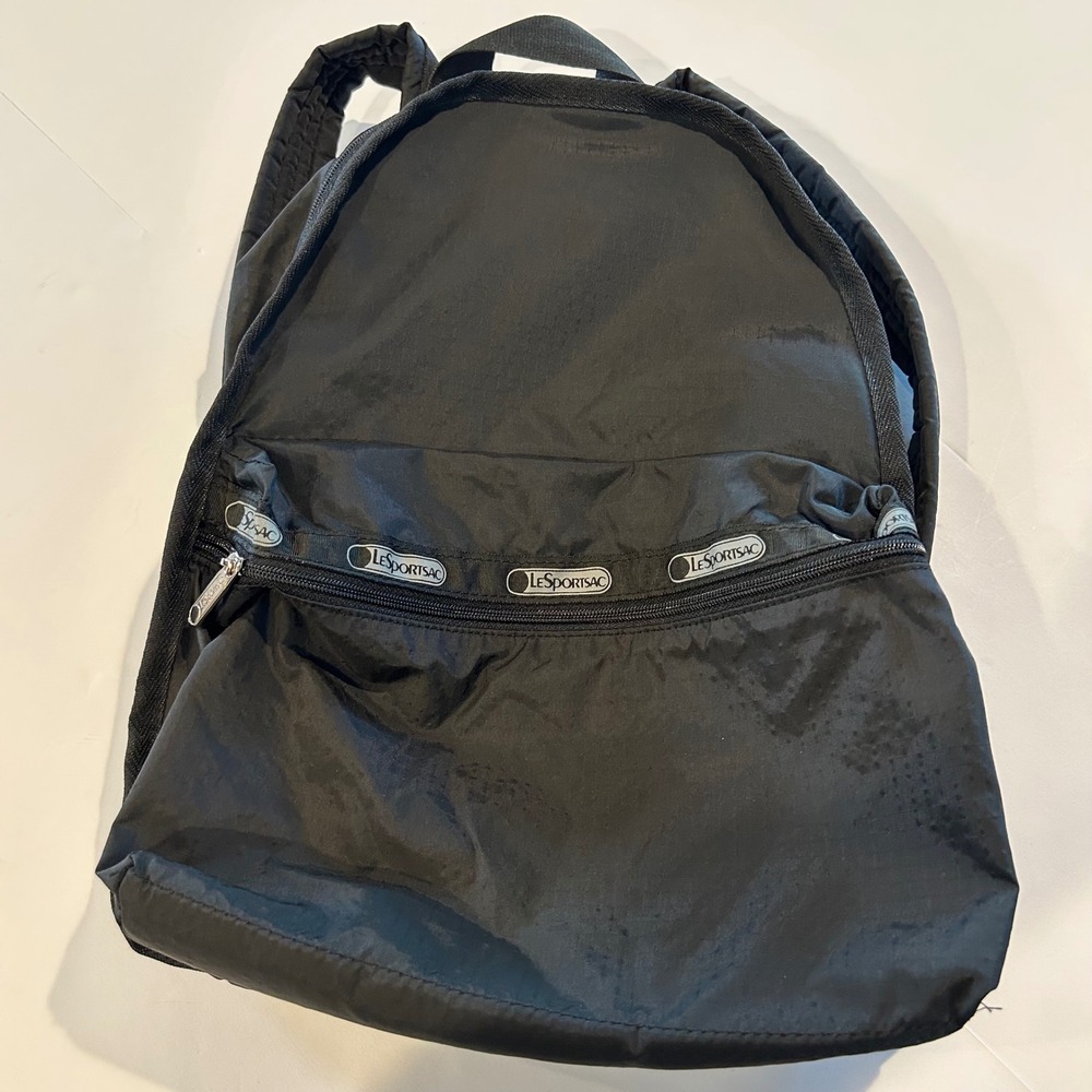 LeSportsac Vintage Black Ripstop Nylon Backpack Made in USA Logo Trim Bag